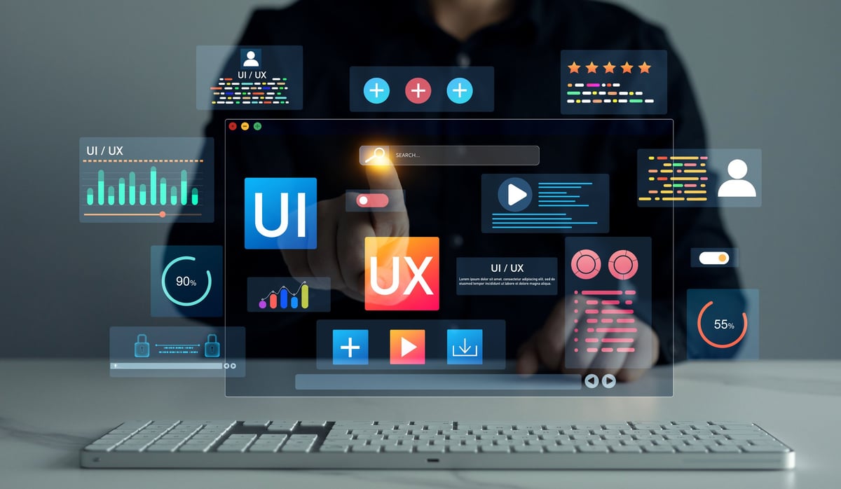 Web design, application design, coding develop. UX-UI design web and user design development. Holographic UI-UX display icons of UX-UI designer, creative planning, data visualization.