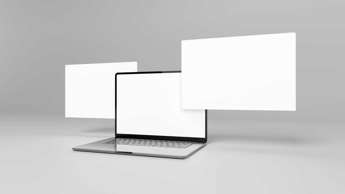 Three laptop screens for mockup. Floating displays in perspective. Blank template for place your web page design, posts and carousels. 3D Rendering.