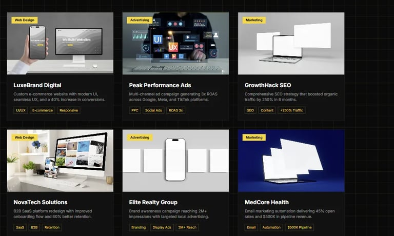 Grid of six digital marketing portfolio projects showcasing web design, advertising, and SEO work across various industries